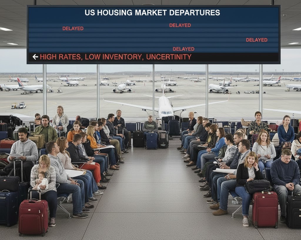 Travelers waiting with luggage at an airport gate beneath a departures board titled 'US Housing Market Departures' that reads 'Delayed' repeatedly and 'High rates, low inventory, uncertainty,' with parked planes on the tarmac behind them - a metaphor for a stalled housing market.